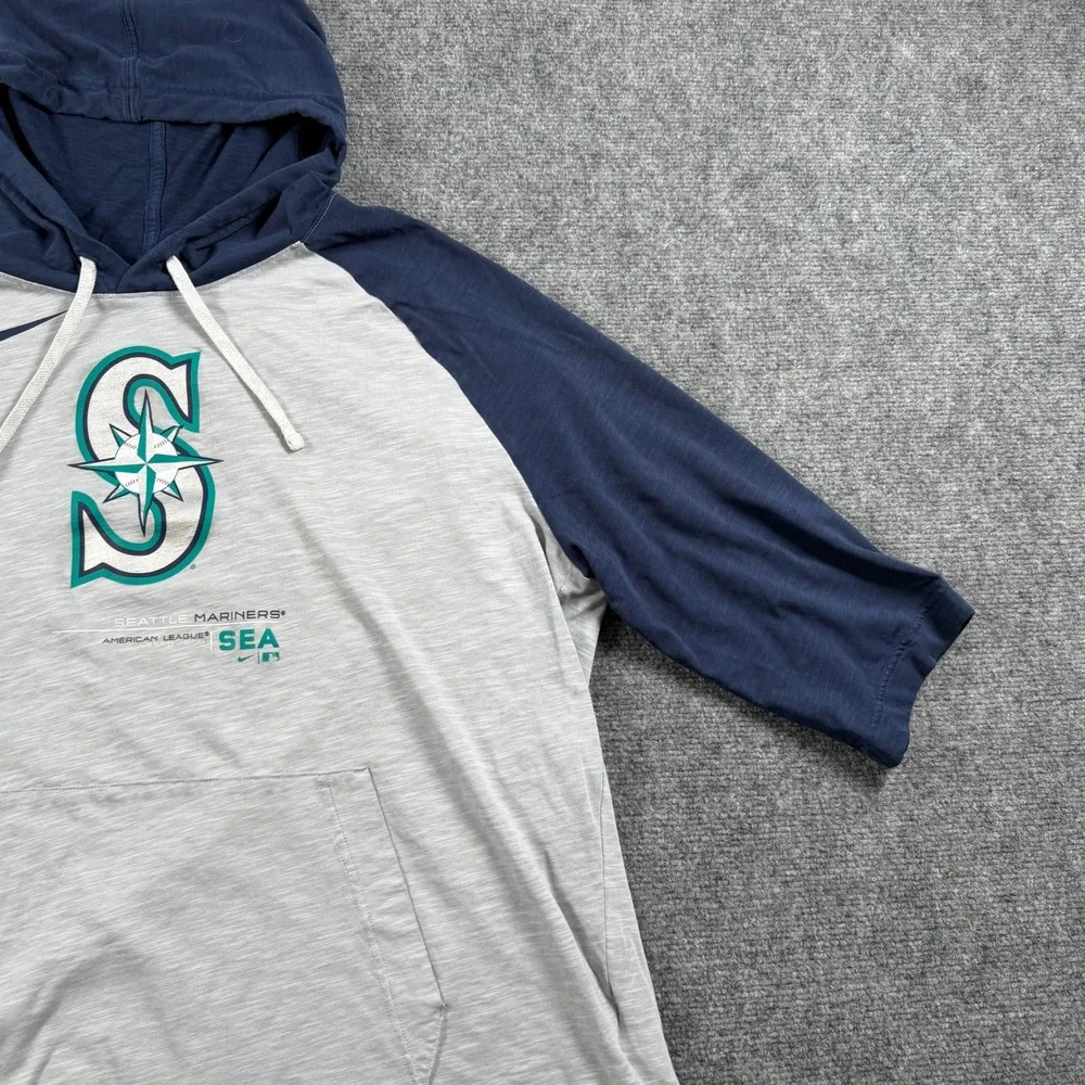 Nike Seattle Mariners Hoodie Mens 3XL Gray Navy Blue Raglan Slub 3/4 Sleeve
